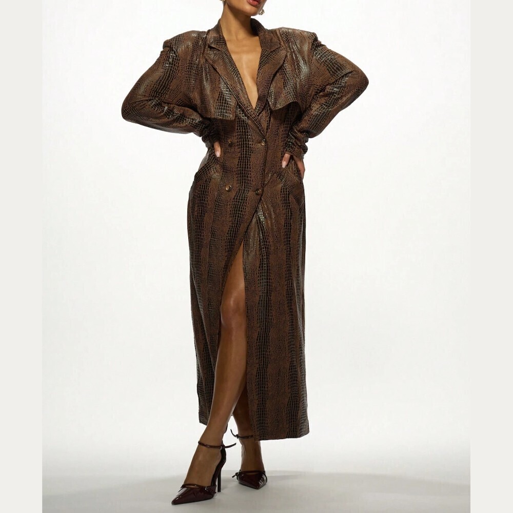 Brown Croc Print Faux Leather Double Breasted Long Trench Coat